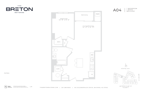 Floor plan for 1 bed, 1 bath, 765 sqft